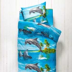 Blancheporte Dětské povlečení Flipper, polybavlna, potisk delfínů modrá napínací prostěradlo 90x190cm