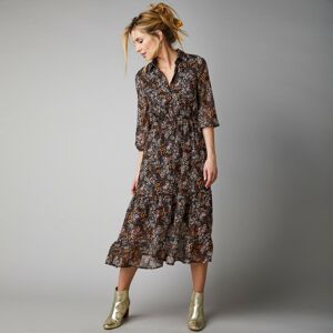 Blancheporte Dlouhé šaty se žabičkovaným pasem a potiskem kytiček černá/vícebarevná 36