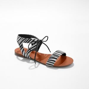 Blancheporte Ploché sandály se šňůrkami na zavázání, zebří vzor s chlupem černá/bílá 40