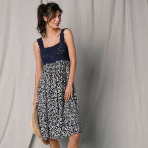 Blancheporte Krátké šaty na ramínka, krepon a macramé indigo/režná 40