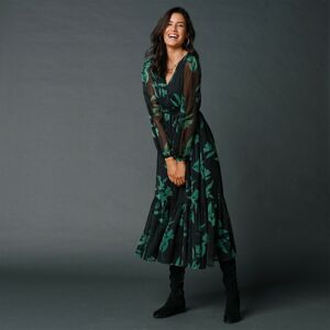 Blancheporte Dlouhé volánové šaty s potiskem černá/zelená 52