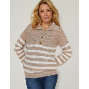 Blancheporte Pruhovaný pulovr s výstřihem na knoflíky, hladký vzor mohérový na dotek režná/karamelová 50