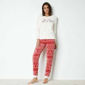 Blancheporte Fleecové pyžamo s kalhotami a výšivkou sobů režná/růžová 34/36