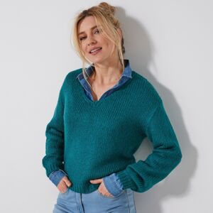 Blancheporte Volný pulovr s výstřihem do "V" mohérový na dotek smaragdová 46/48